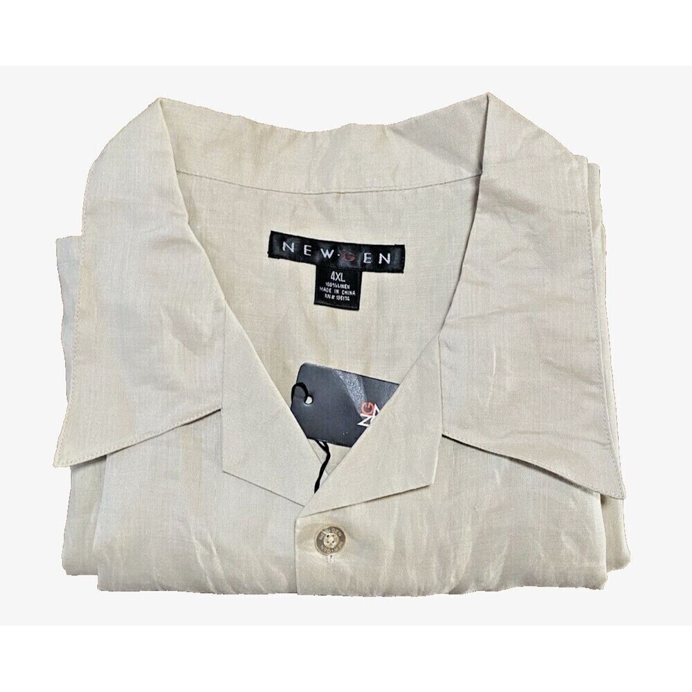 New Gen Mens 100% Linen Shirt Size 4XL Beige Short Sleeve Button Up NWT